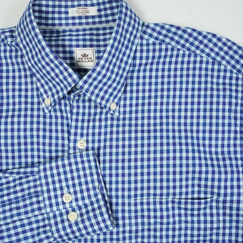 Peter Millar‎ Men's Gingham Button Down Long Sleeve Shirt Blue Medium